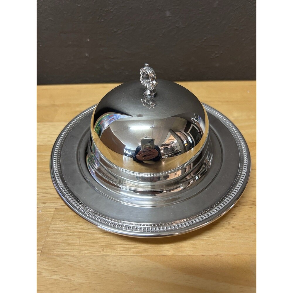 Vintage Silver Plated Covered Butter Dish Domed Lid cloche Round Beaded Rim